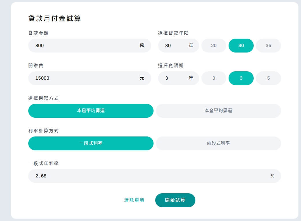 中國信託房貸月付金試算
